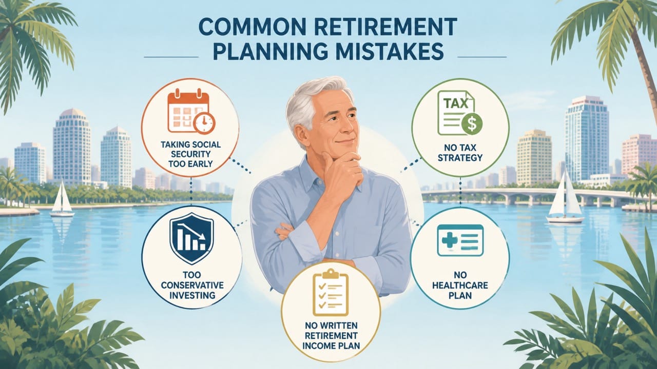 Icon-based visual of common retirement planning mistakes surrounding a Tampa Bay retiree