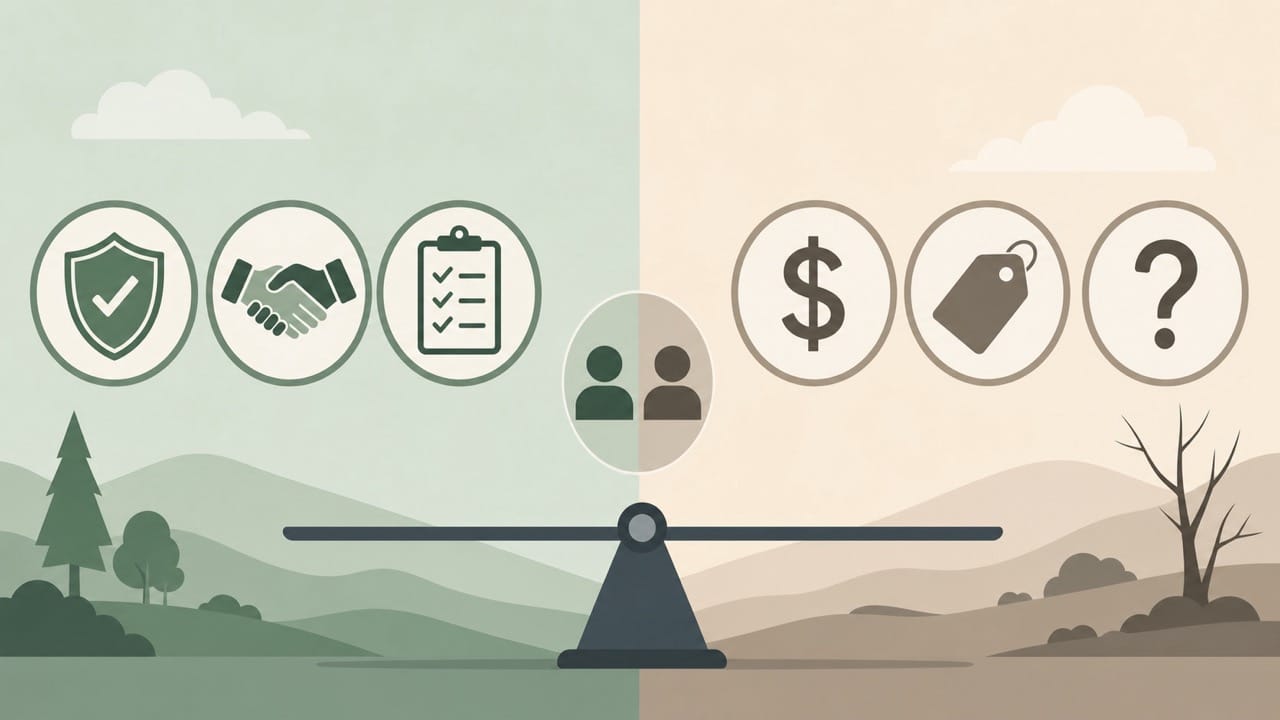 Minimalist icon-based visual comparing fiduciary and non-fiduciary advisors without text