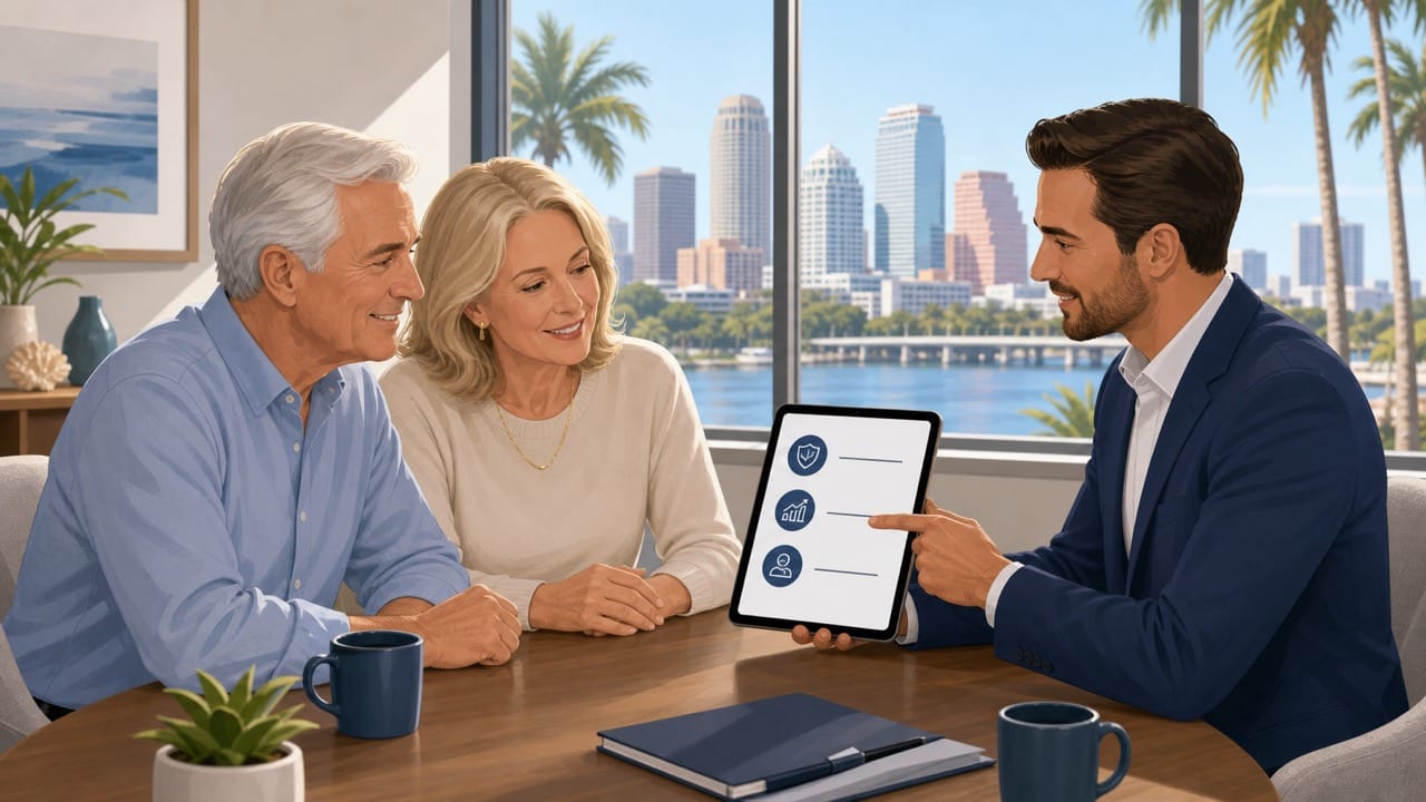 Retiree couple in Tampa Bay meeting with a fiduciary advisor reviewing a simple plan checklist