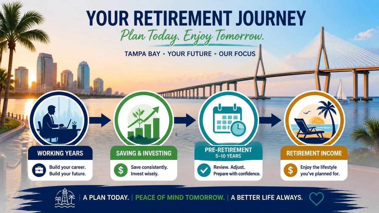 Icon-based retirement planning timeline for a Tampa Bay professional, from working years to retirement income
